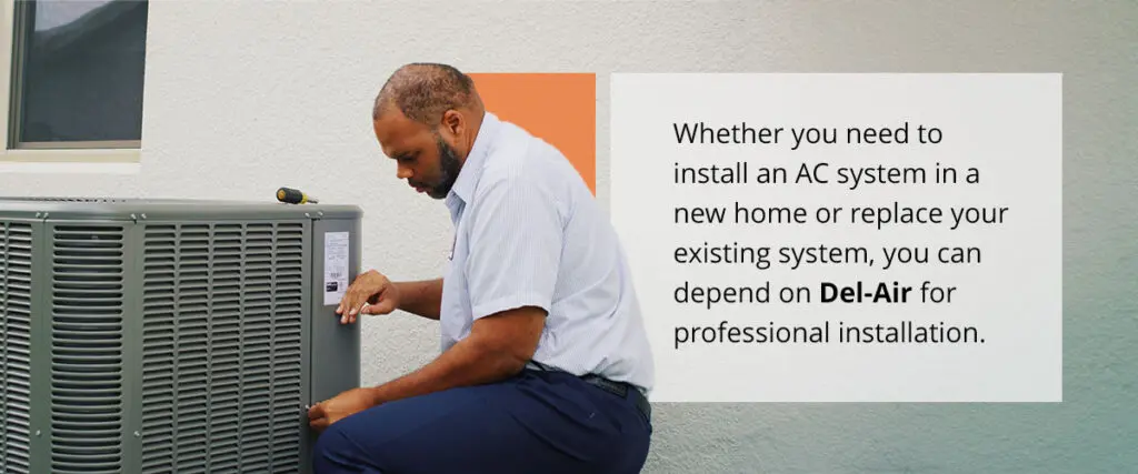 On left, HVAC technician repairing an AC. On right, text box that says "Whether you need to install an AC or replace yours, you can depend on Del-Air for professional installation."