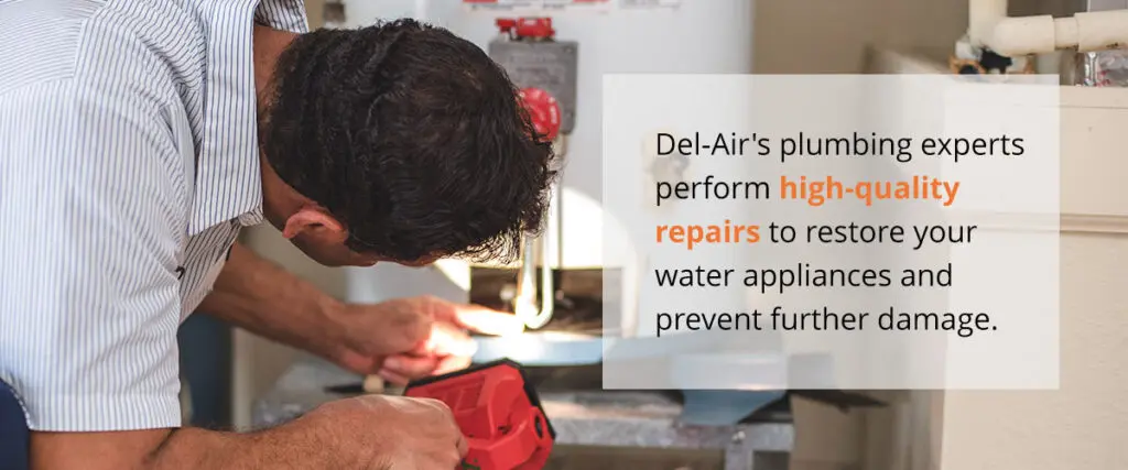 On left, plumbing using flashlight to inspect a pipe. On right, text box that says "Del-Air's plumbing experts perform high-quality repairs to restore your water appliances and prevent further damage."