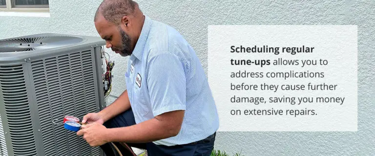 On left, an HVAC technician inspects an HVAC unit. On right, text box that says "Scheduling regular tune-ups allows you to address complications before they cause further damage, saving you money on extensive repairs."