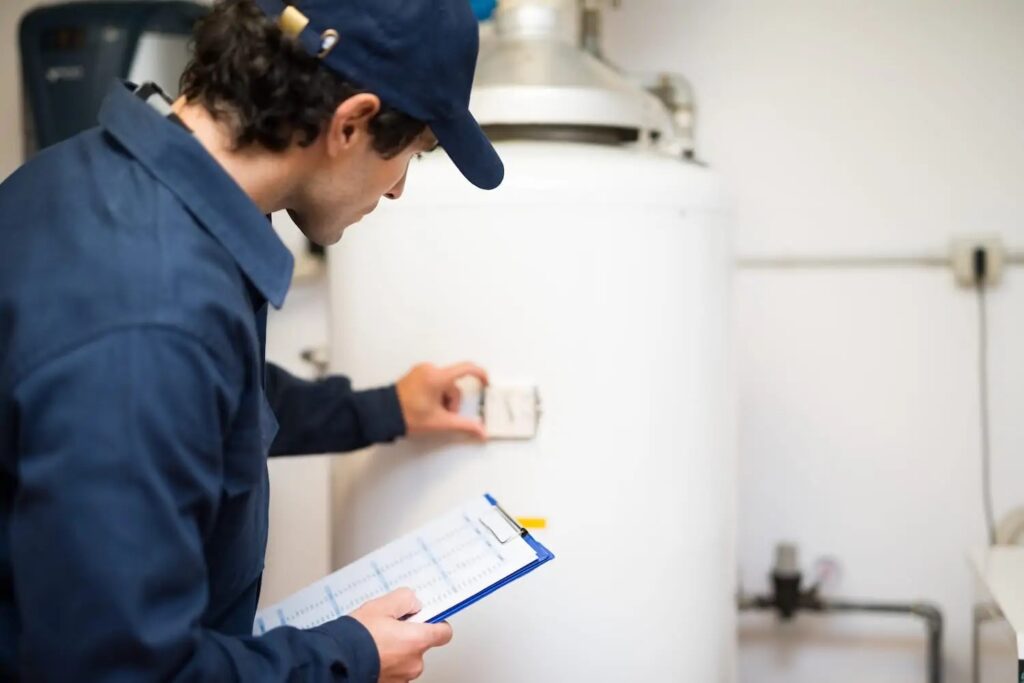 Technician holding a clipboard, installing a white water heater