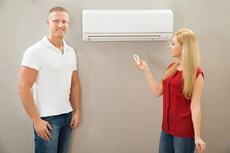 A homeowner couple using a remote control to use a mini-split system on the wall