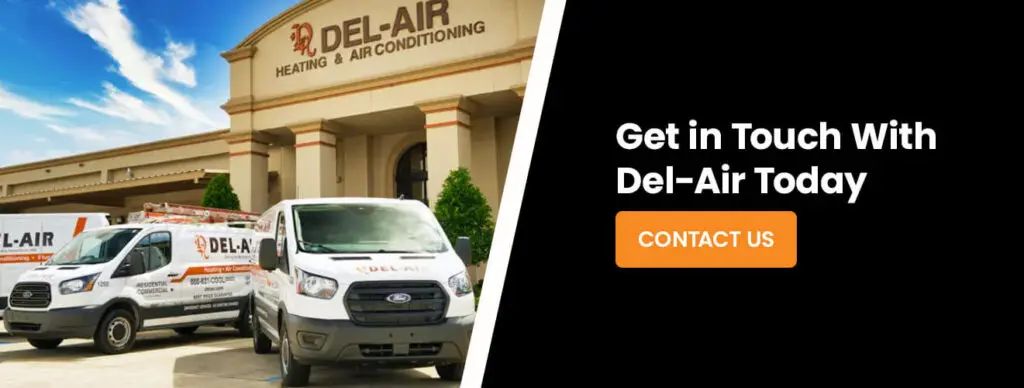 Del-Air service vans parked in front of Del-Air building on the left. On the right, text says "Get in touch with Del-Air today" and orange "contact us" button.