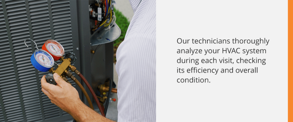 Del-Air technician analyzing an HVAC system. On the right side, the text says "Our technicians thoroughly analyze your HVAC system during each visit, checking its efficiency and overall condition."