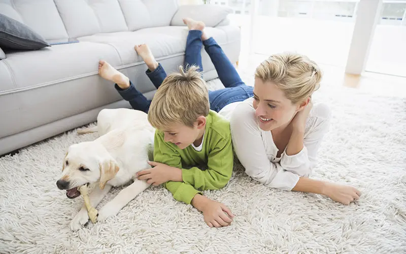 mom, son, and dog lying on carpet